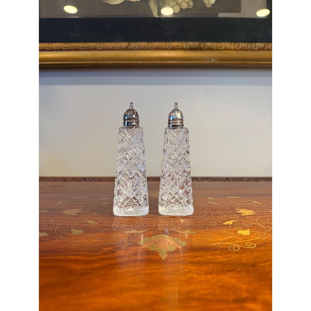 Vintage Cut Glass Salt Pepper‎ Shakers, Tall Diamond Pattern, Metal Lids